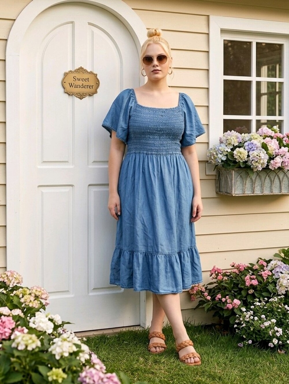 Sweet Wanderer Blue Smocked Tie Back Midi Dress